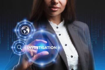 The concept of business, technology, the Internet and the network. A young entrepreneur working on a virtual screen of the future and sees the inscription: Investigation
