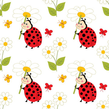 Vector Seamless Pattern with Cute Ladybugs. Vector Ladybug. Ladybug Seamless Pattern Vector Illustration.