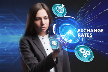 The concept of business, technology, the Internet and the network. A young entrepreneur working on a virtual screen of the future and sees the inscription: Exchange rates