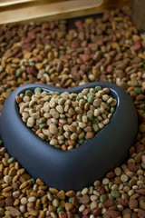 dry pet food in plastic heart bowl.
