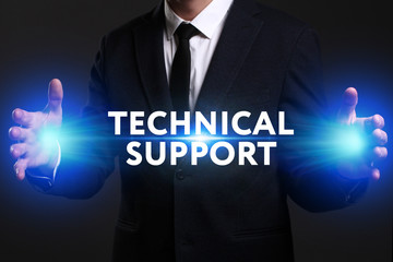 Business, Technology, Internet and network concept. Young businessman working on a virtual screen of the future and sees the inscription: Technical support