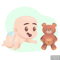 Cute cartoon crawling baby boy on all fours with teddy bear want toy, vector illustration infant child