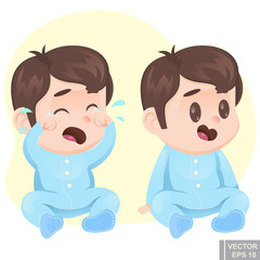 Vector illustration cute cartoon baby boy in pajamas happy sad calm, crying, laughing infant child kid Emotions