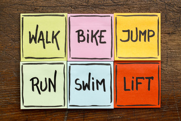 walk, bike, jump, run, swim, life - fitness concept