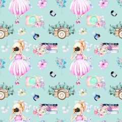 Seamless pattern with watercolor Girl-photographer, retro cameras and floral elements, hand painted isolated on a blue background