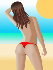 Obraz premium Sexy back of beautiful woman on beach in small bikini