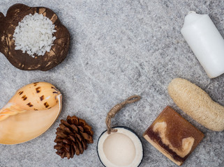 Aromatherapy  product  Spa set ,candle ,soap,coconut,  massage with white  wood background. top view,flat lay composition.