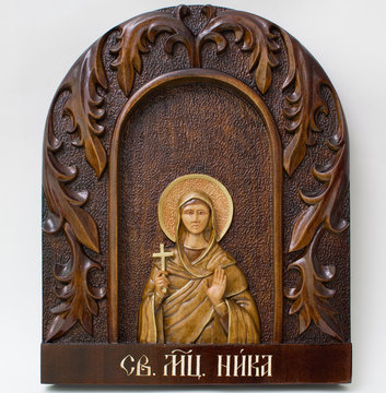 Carved icon from wood handmade. Holy Nicka