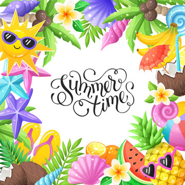 Tropical summer objects in circle composition isolated on white background. Beach party wording with colorful beach objects. Fresh tropical fruits and cocktails icons. Seashells and starfishes symbols