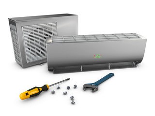 Air conditioner repair and installing concept. 3d illustration.