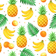 Tropical  fruits isolated on white background. Tiled summer pattern from pineapples and palm leaves, bananas and oranges. Fresh tropical fruits seamless background.