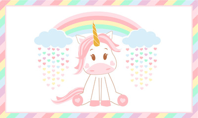 Cute baby unicorn.  Vector illustration. Rainbow and clouds. Magic rain of colored hearts
