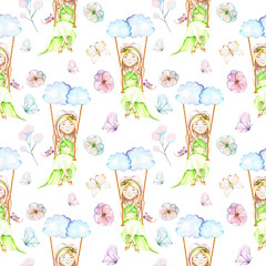 Seamless pattern with watercolor Girl swinging on a swing from clouds, butterflies and flowers, hand painted isolated on a white background