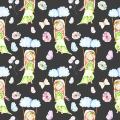 Seamless pattern with watercolor Girl swinging on a swing from clouds, butterflies and flowers, hand painted isolated on a dark background