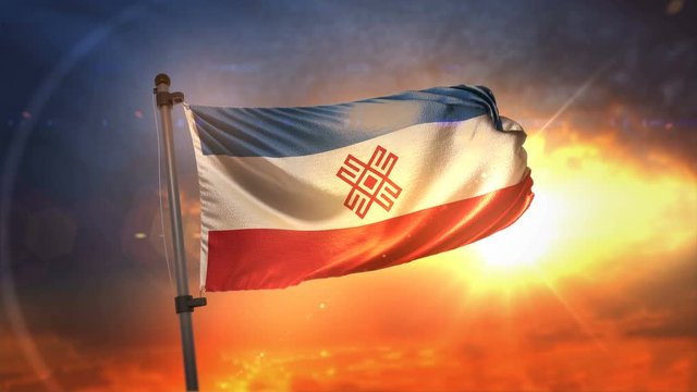 Mari El Flag Backlit At Beautiful Sunrise Loop Slow Motion 4K