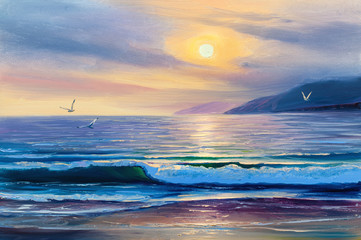 Plakaty  Wschód słońca nad morzem. Malarstwo morskie.