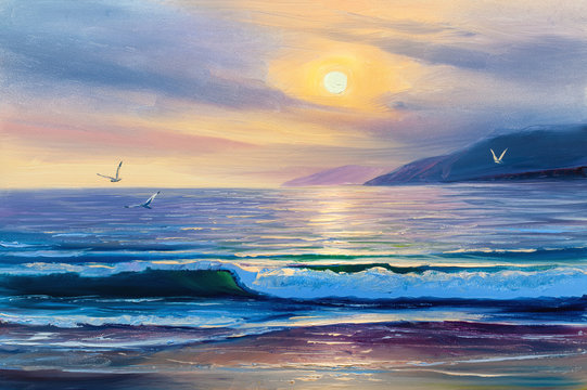 Sunrise over  sea. Painting seascape.