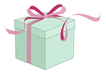 Gift box mint color with pink ribbon and bow isolated on white background. Gift box with as a present for Christmas, New year, Valentine day or anniversary. Vector illustration.