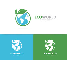 earth and leaf logo combination. Planet and eco symbol or icon. Unique global and natural, organic logotype design template.