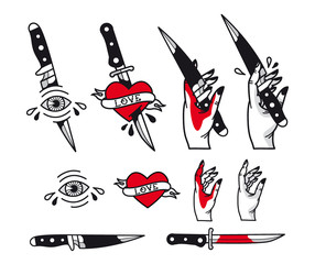  traditional tattoo style set - hearts, knife, eye, hand, ribbons. Vintage ink old school tattooing
