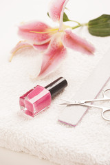 Obraz na płótnie Canvas Make-up brushes and make-up eye shadows with nails manicure set up