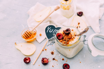 Fresh Homemadee yogurt with honey and fruits