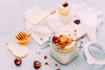 Fresh Homemadee yogurt with honey and fruits