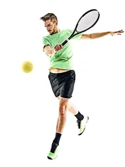 Poster one caucasian  man playing tennis player isolated on white background © snaptitude