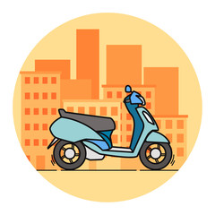 Side view blue scooter illustration. Linear art design element. Logo or icon template. Small motocycle or moped on modern city buildings bsckground.