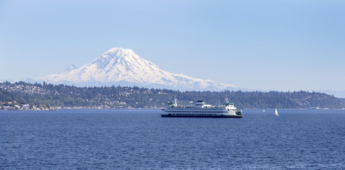 Passenger ferry boat sailing in Puget Sound with Mt Rainier in background - obrazy, fototapety, plakaty