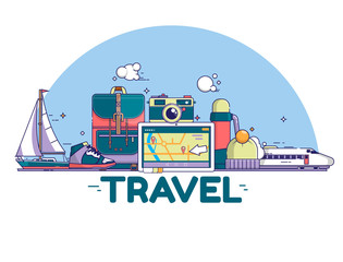 Travel concept illustration. Signs and icons on white background. Vector illustration