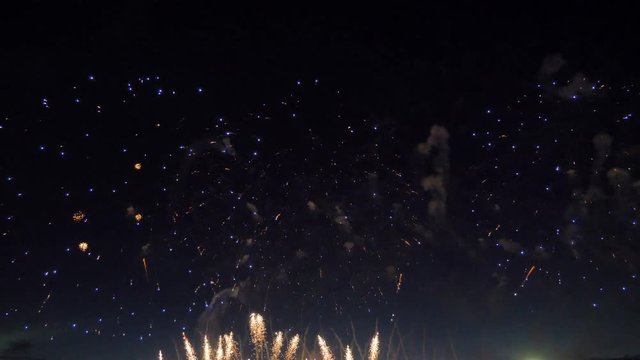 Peony and comet fireworks are bursting in the naight sky.