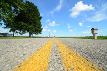 low angle of a country road with double yellow line 