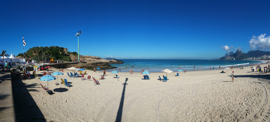 Arpoador, Rio de Janeiro, Brazil - June 25, 2017 - Panoramic view of Arpoador and Ipanema beach in sunny summer day with blue sky