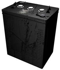 old big industrial black plain battery with scratches and marks on it drawn in 3d against white background 