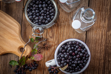 Fruits of black chokeberry prepared for processing.