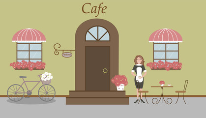 Pretty summer scenery in a rustic style. A cafe, two windows with a striped awnings, door, stairs, red flowers. A bike and basket of daisies. A cute waitress, table and chairs. Vector illustration 