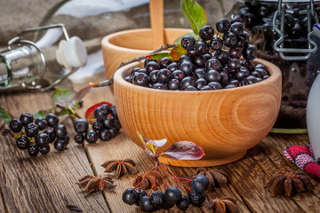 Fruits of black chokeberry prepared for processing.