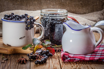 Fruits of black chokeberry prepared for processing.