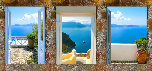 The open gate and stairs, leading to sea. set from views in Oia, Santorini, Greece - obrazy, fototapety, plakaty