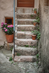 Naklejka na ściany i meble Stone stairs with flower pots