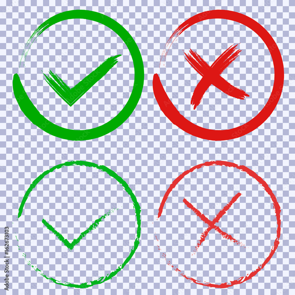 Aufkleber tick and cross brush signs. green checkmark ok and red x icons, isolated on white background. simple