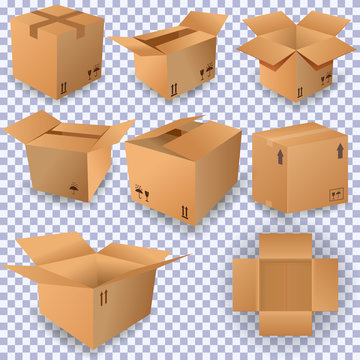 Cardboard box mockup set on isolate background. Vector illustration. Realistic illustration of 10 cardboard box mockups for web. Brown delivery set vector