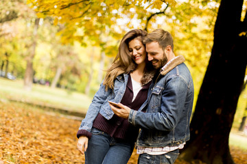 Happy couple watching a smart phone and standing in autumn park