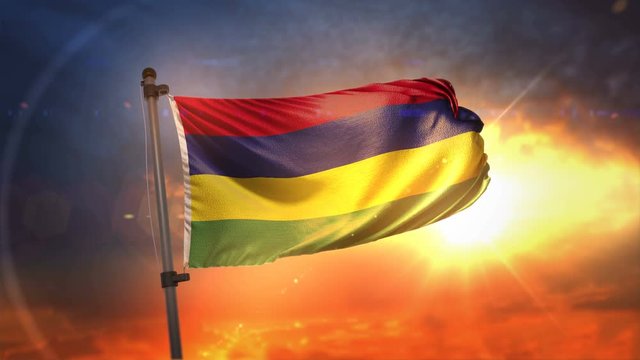 Mauritius Flag Backlit At Beautiful Sunrise Loop Slow Motion 4K