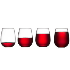 Stemless wine glasses filled with red wine isolated on a white background