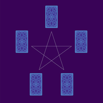Five cards tarot spread with pentagram. Reverse side. Vector illustration