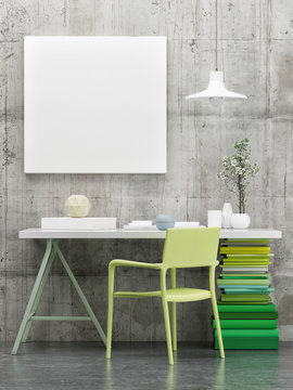 Working desk with green books, mock up poster 3d illustration