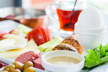 Closeup of traditional Turkish breakfast served in restaurant