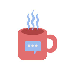 The mug is red with a pattern of the window chat dialog, with steam. In flat design style. Cup isolated. White background. Vector illustration.